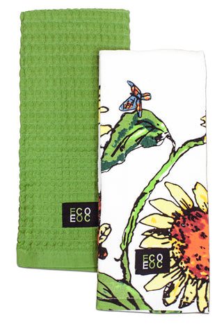 Nouvelle Legende Cotton Towel, Sunflower Print, 16 x 28" Green and White, 2 Towels