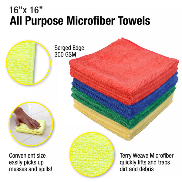 CleanAide® 16 x 16 in. 300 GSM Microfiber Commercial Towels – 4-color 12-pack
