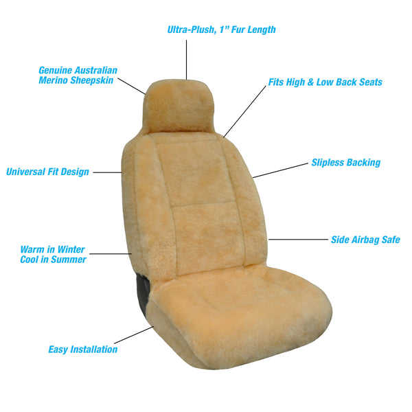 Eurow Sheepskin Seat Cover New XL Design Premium Pelt - Champagne