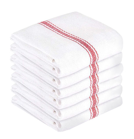 Nouvelle Legende Kitchen and Dish Towels, Cotton, 14.75 x 24.5 Inches, White with Red Herringbone Stripes, 6 Pack