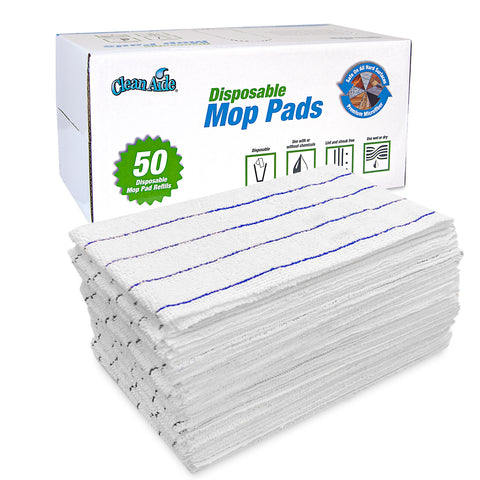 CleanAide Disposable Microfiber Mop Pads in Dispenser Box, 50 Pack, White with Blue Stripes