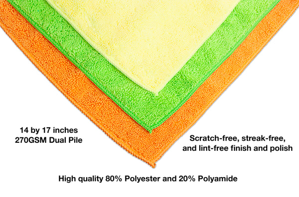 Detailer's Preference® 14 x 17 in. 270 GSM Microfiber Cleaning Towels – Yellow, Orange, Green – 15-pack