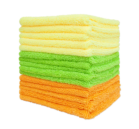 Detailer's Preference® 14 x 17 in. 270 GSM Microfiber Cleaning Towels – Yellow, Orange, Green – 15-pack
