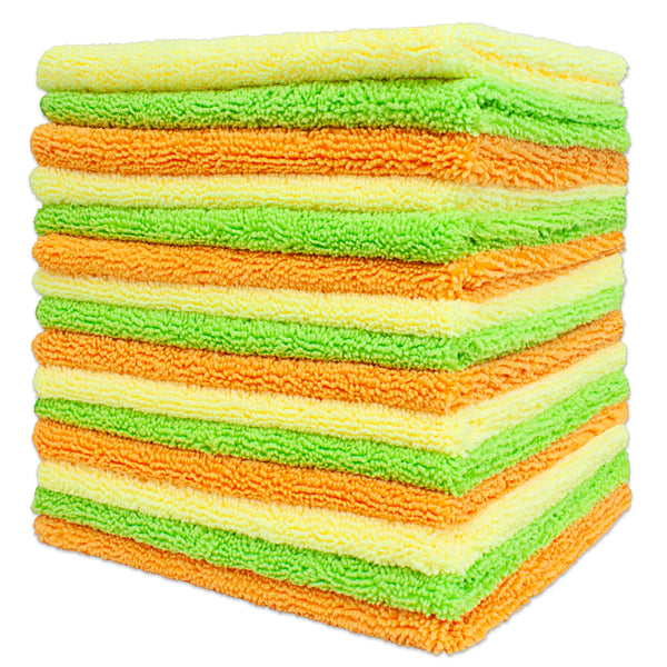 Detailer's Preference® 14 x 17 in. 270 GSM Microfiber Cleaning Towels – Yellow, Orange, Green – 15-pack