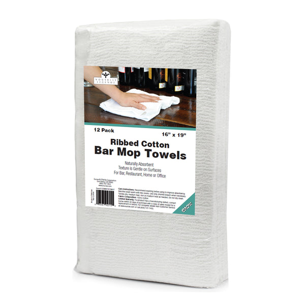 Nouvelle Legende Ribbed Cotton Bar Mop Towels, 16 x 19 Inches, White,  Pack of 12
