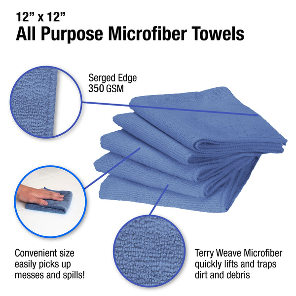 Eurow 12 x 12 in. 350 GSM Blue Microfiber Premium Cleaning Towels – 50-pack