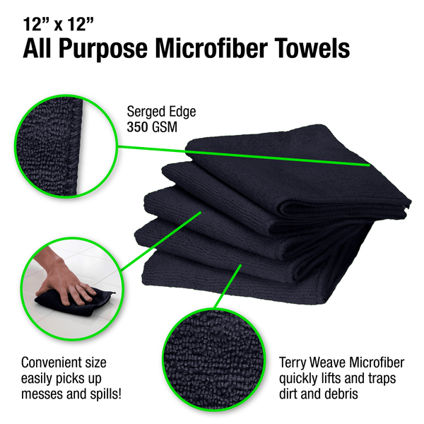 Eurow 12 x 12 in. 350 GSM Black Microfiber Premium Cleaning Towels – 25-pack
