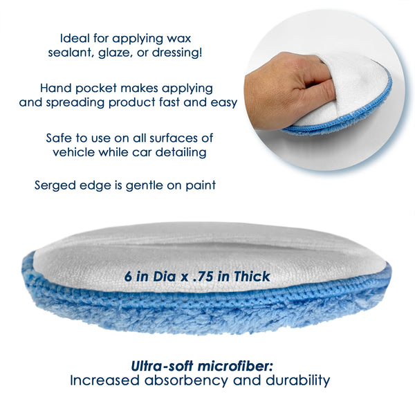 Detailer’s Preference Wax Applicator with Sewn-In Pocket, Microfiber Terry Weave, 6", Light Blue/White, 25 Pack