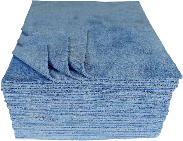 CleanAide® 12 x 12 in. 350 GSM Ultrasonic Cut Blue Microfiber Cleaning Cloths – 50-pack