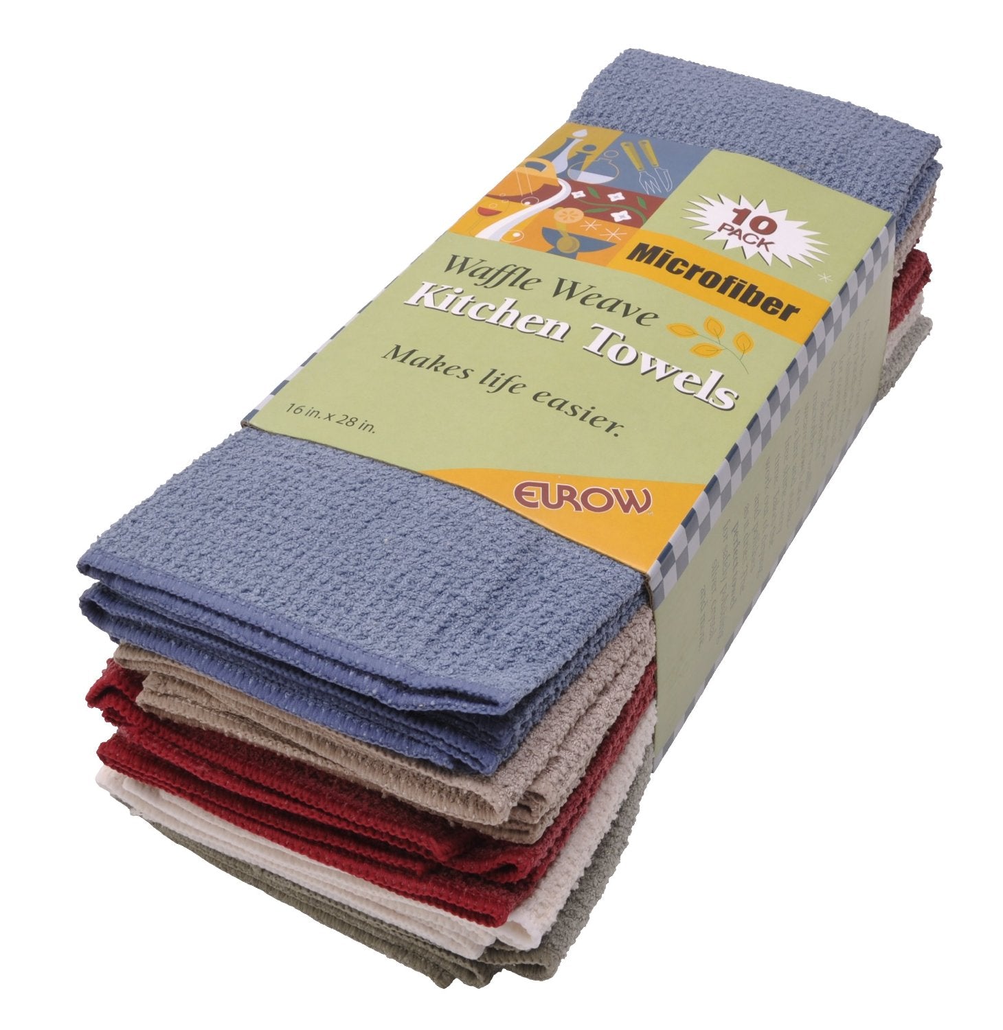 Eurow 16 x 28 in. 390 GSM Multicolor Microfiber Waffle Weave Kitchen Towels  – 10-pack