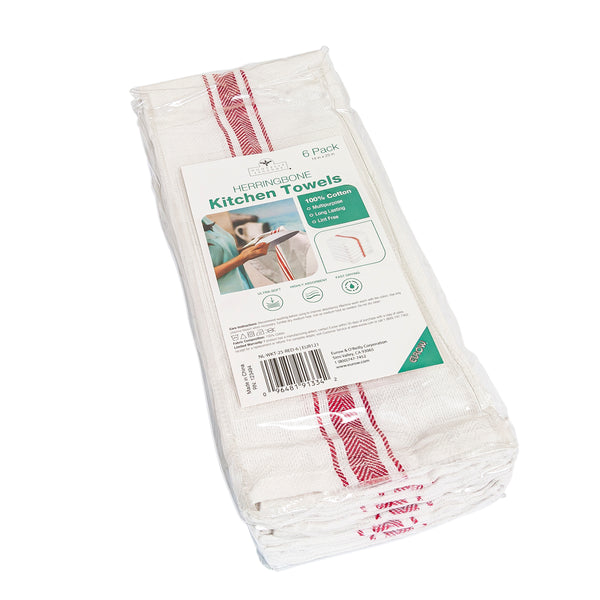 Nouvelle Legende Kitchen and Dish Towels, Cotton, 14.75 x 24.5 Inches, White with Red Herringbone Stripes, 6 Pack